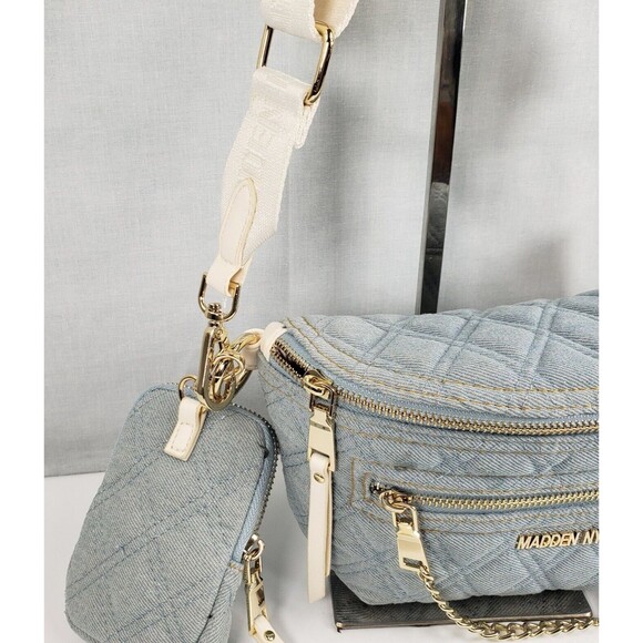Madden NYC Women's Gold Chain Pocket Fanny Pack Crossbody with Pouch Denim New - Picture 5 of 16